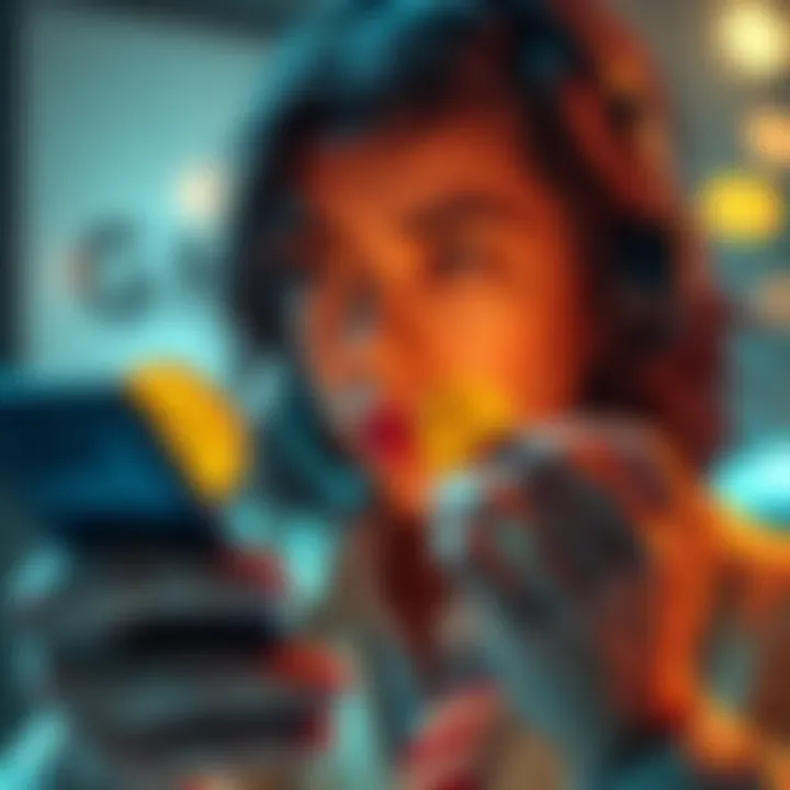 An investor looking at a digital Dogecoin symbol on a smartphone with cash in hand, symbolizing investment in cryptocurrency.