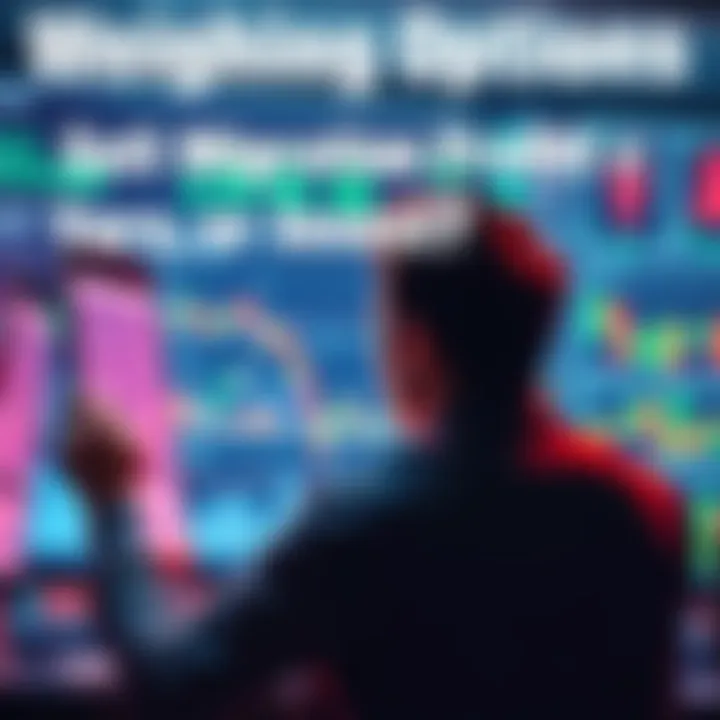A person looking at financial charts and graphs, weighing options for cashing out or investing.