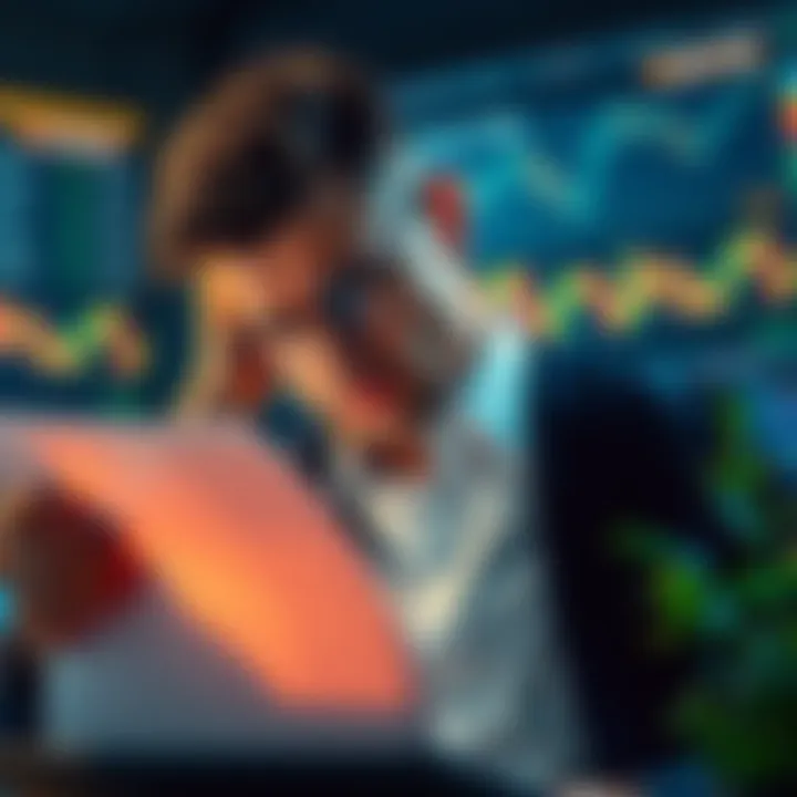 An investor looking stressed while examining financial charts and reports, symbolizing regret over chasing quick gains in prediction markets.