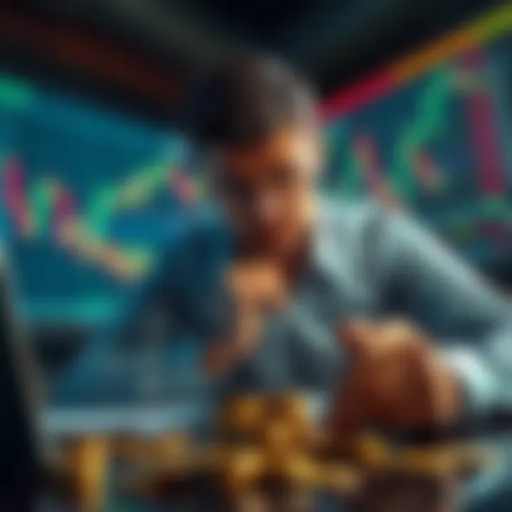 A thoughtful investor looking at cryptocurrency charts, appearing disappointed by recent trading decisions, with coins scattered on the table.