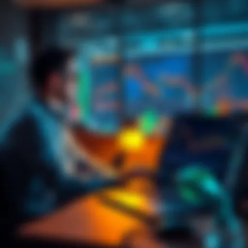 A person sitting at a desk, looking at a chart showing a decline in cryptocurrency values, with a laptop open showing stock market data and AI stocks.