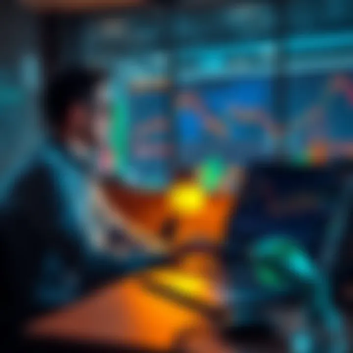 A person sitting at a desk, looking at a chart showing a decline in cryptocurrency values, with a laptop open showing stock market data and AI stocks.
