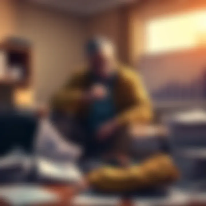 An investor packing up their belongings symbolizing the end of their journey in a project, surrounded by financial documents and charts.