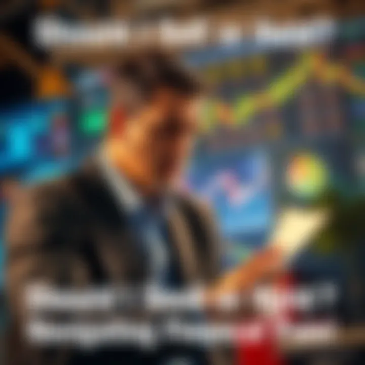 A concerned investor looking at market charts and graphs, contemplating whether to sell or hold investments