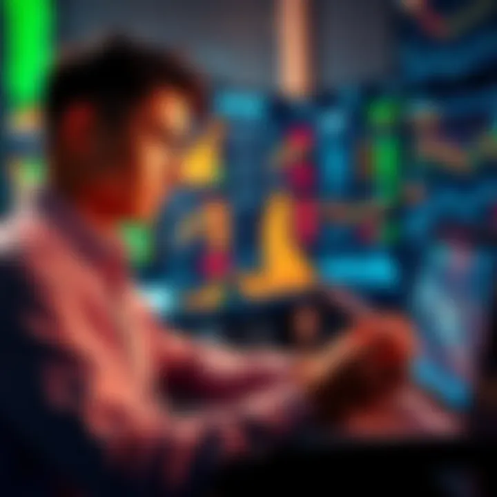A young investor looking at financial charts on a laptop while taking notes, reflecting on market strategies.