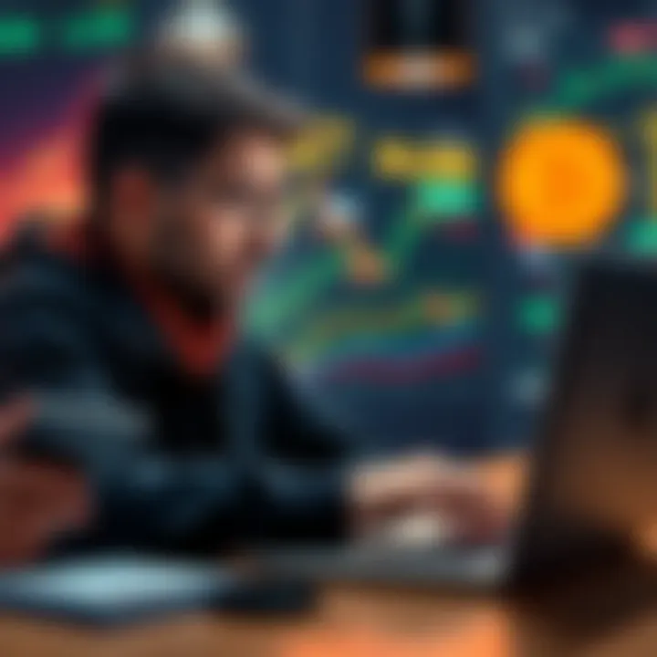 A small-time investor looks at Bitcoin market trends on a laptop, contemplating an additional investment of $200 as prices recover.
