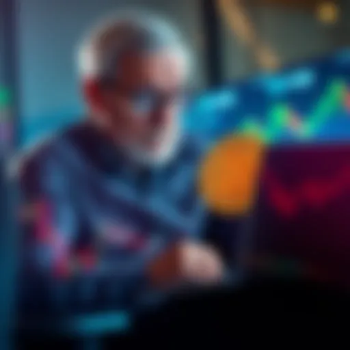 A middle-aged man considering investing in Bitcoin while looking at financial charts on a laptop.