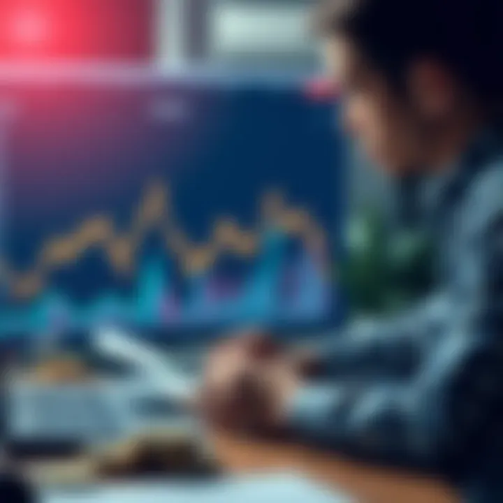 Investor Planning Bitcoin Purchase An investor looking at a chart showing Bitcoin price trends, contemplating buying more BTC if the price drops to $15,000. Euros are on a desk next to them.