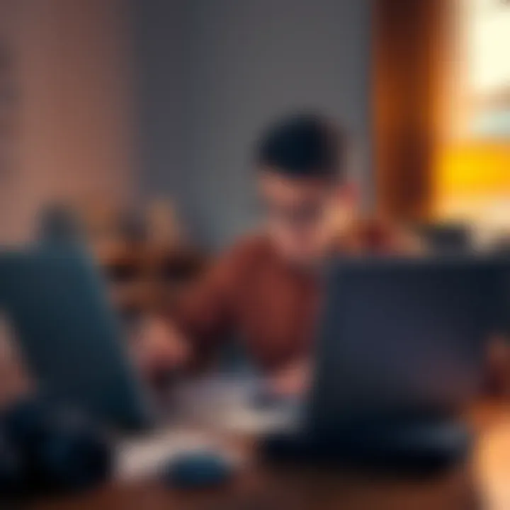 A worried investor looking at Bitcoin prices on a laptop, surrounded by loan documents and personal items for sale.
