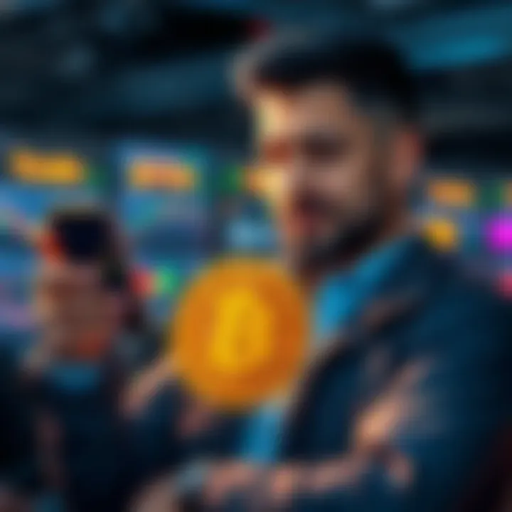 An investor holds a phone showing Bitcoin charts with a confident expression, symbolizing investment confidence amidst market volatility.