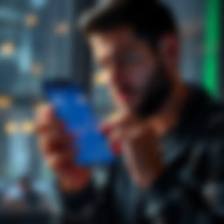 An investor holding a smartphone with XRP charts on the screen, showing signs of market fluctuation.