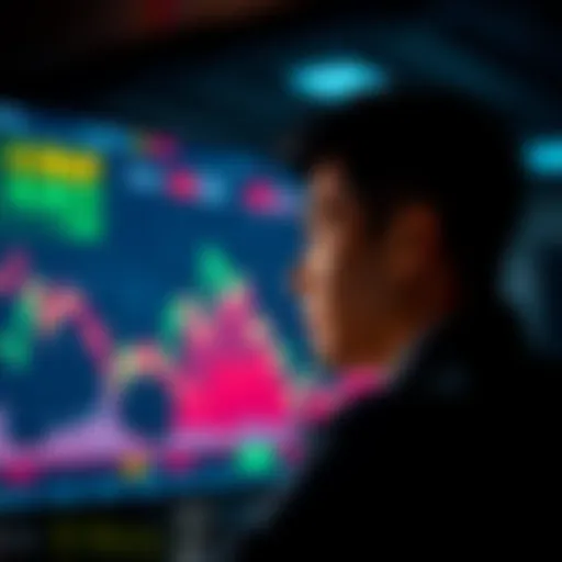 A serene individual looking at a stock market screen with a thoughtful expression, symbolizing calmness in investment decisions