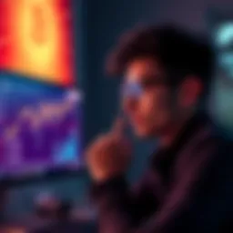 Investor contemplating Bitcoin investment A young man from Argentina considering investing in Bitcoin while looking at a computer screen showing cryptocurrency prices