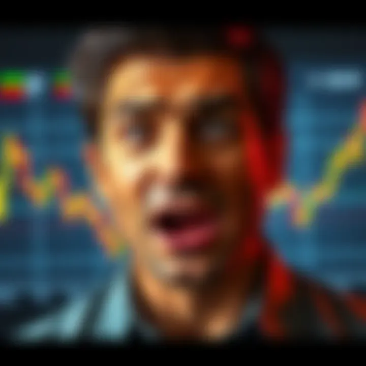 A person looking at a Bitcoin price chart with mixed emotions of fear and excitement, depicting the ups and downs of investing.