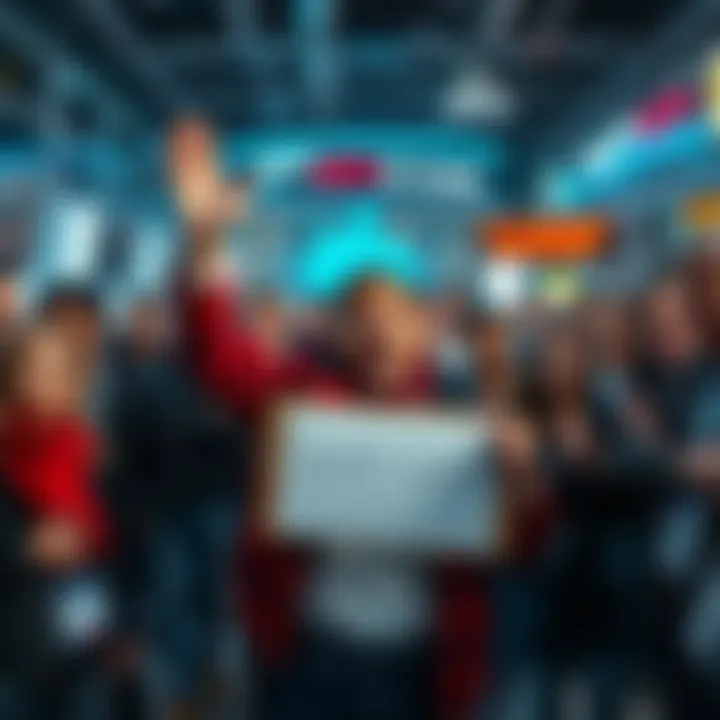 An investor holding a sign that reads '100% Gain' with a mixed expression of pride and frustration, surrounded by skeptical onlookers.