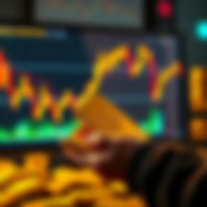 A person holding gold bullion while looking at a falling crypto chart on a screen, symbolizing a shift from crypto to gold for stability.