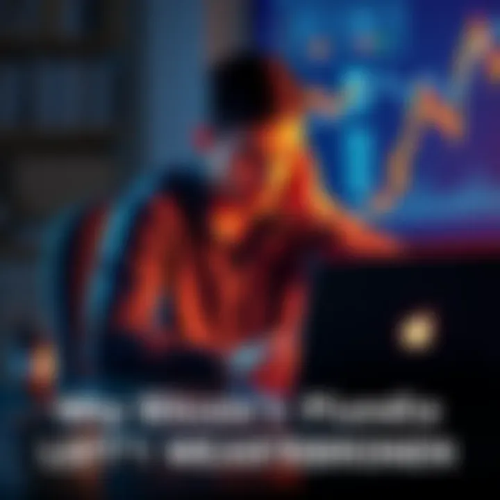 A person sits at a desk with a laptop, looking distressed while staring at a graph showing Bitcoin's decline.