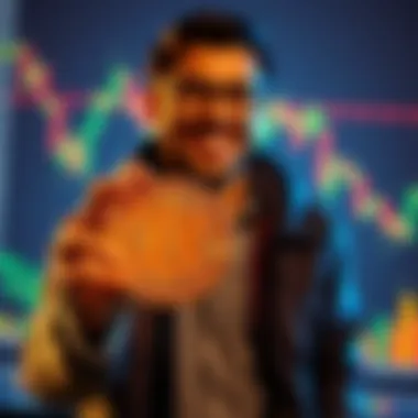 An investor happily holding a Bitcoin with a stock market graph in the background, symbolizing their recent investment decision.