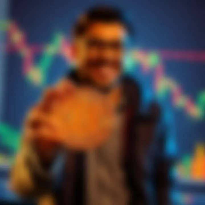An investor happily holding a Bitcoin with a stock market graph in the background, symbolizing their recent investment decision.