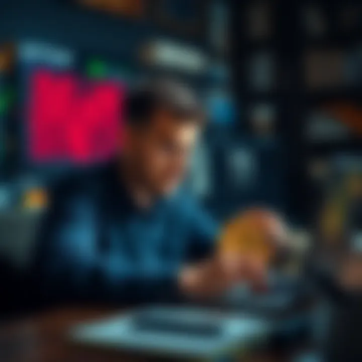 A worried investor looking at a Bitcoin chart on his laptop, reflecting on his financial loss.