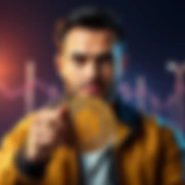 An investor proudly holding a Bitcoin token with a determined look, symbolizing commitment to the cryptocurrency market.