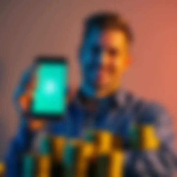 Investor smiling while holding a smartphone displaying Pi tokens, surrounded by a few stacks of coins and a calm background