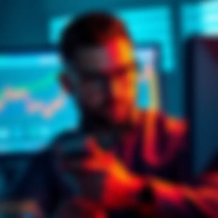 A man reviewing his investment portfolio while considering Kaspa cryptocurrency, with a computer and charts in the background.