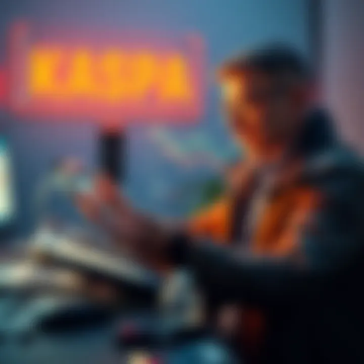 Investor planning for KASPA growth An investor calculating potential profits from KASPA cryptocurrency, envisioning a thriving future and wealth by 2030.