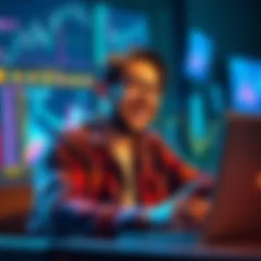 A casual investor smiling while looking at a laptop showing a cryptocurrency chart with various coins, reflecting humor in their investment journey.