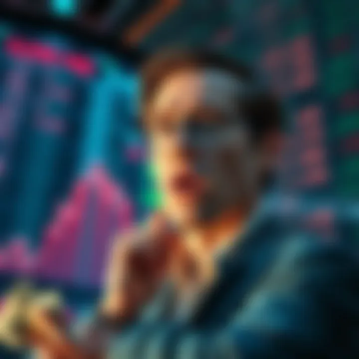 An investor looking stressed while selling stock assets as market prices rise in the background.