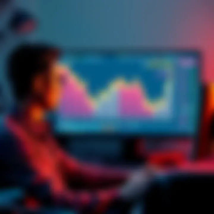 An investor sits at a desk, staring at a computer screen showing a downward trend in cryptocurrency values, reflecting a significant financial loss.