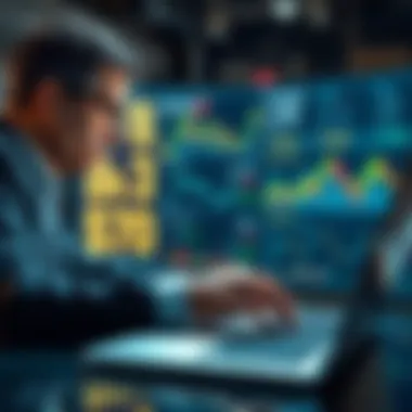 Investor analyzing market trends An investor looking at market graphs and charts on a laptop, contemplating strategies during a bear market