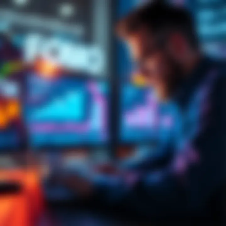 A focused investor looking at graphs and charts on a laptop screen, showing a strong upward trend, representing FOMO in the investment world.