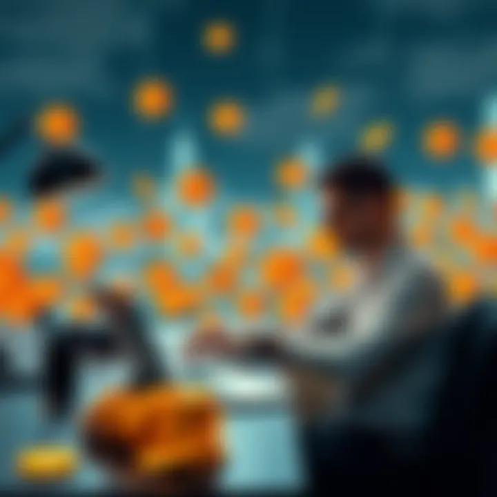 A person sitting at a desk, calculating finances with a laptop, surrounded by Bitcoin symbols, planning to take out loans to increase Bitcoin holdings.