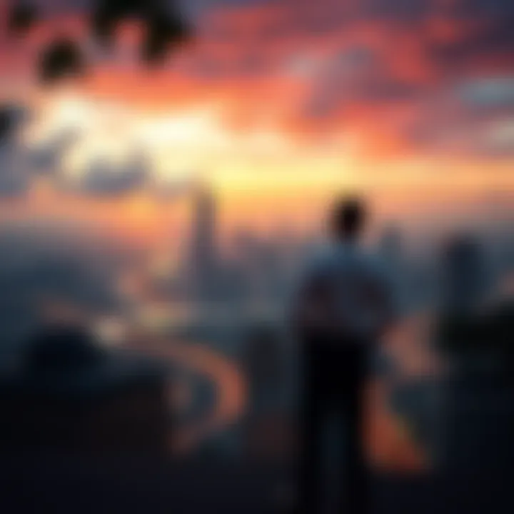 Investor Reflection on ZEC Journey An investor gazes over a city skyline, contemplating their financial decisions and the future of ZEC amid changing market dynamics.