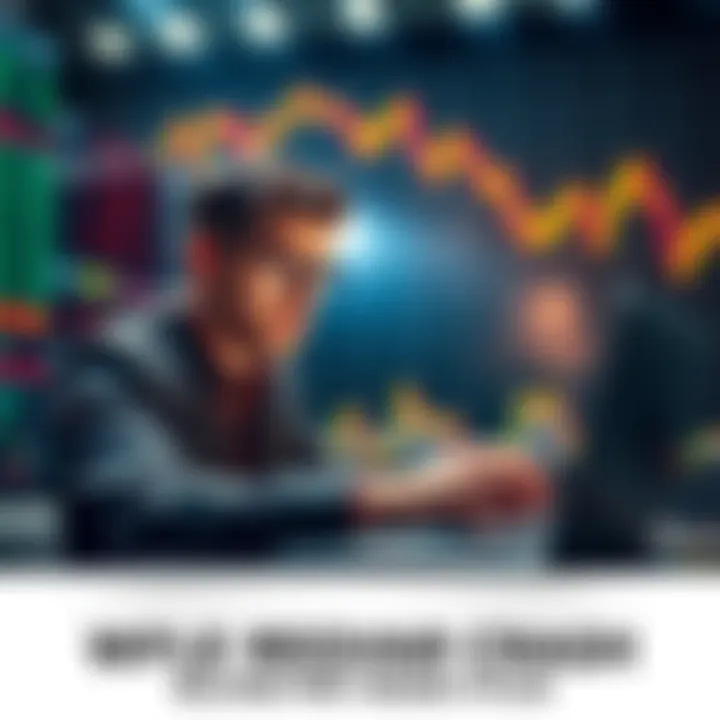 An investor looking worried while selling all their stocks on a laptop, with financial charts showing a decline in the background.