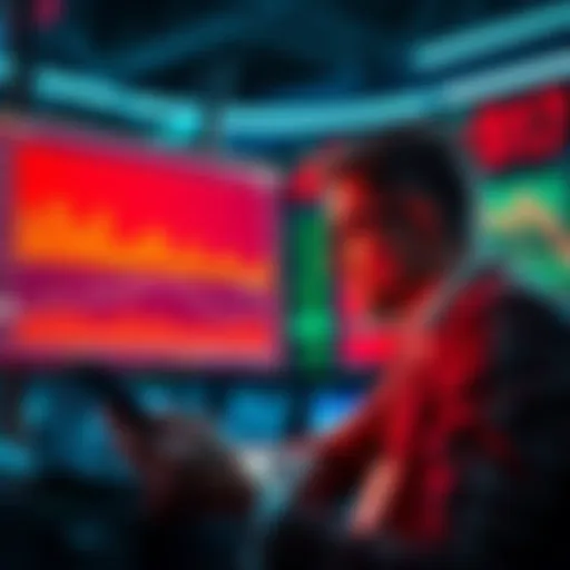 A concerned investor reviewing their stock portfolio with declining charts on a screen, showing a sense of frustration over market losses.