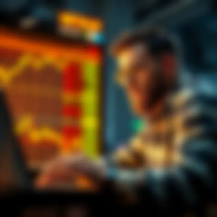 An investor reviewing cryptocurrency charts on a laptop while showing a concerned expression amid market fluctuations and declining metal prices.