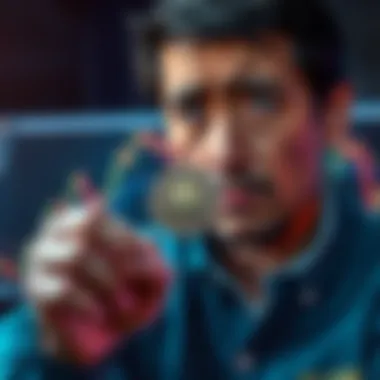 Investor holding SHIB token with sad expression An investor looking at a declining SHIB chart, showing disappointment and reflecting on their loss
