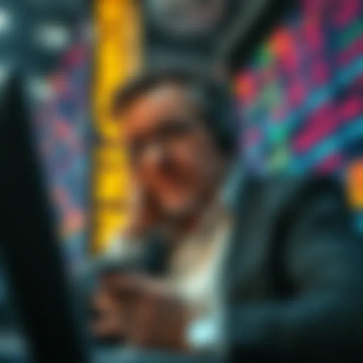 A worried investor looking at falling stock prices on a screen, showing disappointment and frustration after losing money in the market.