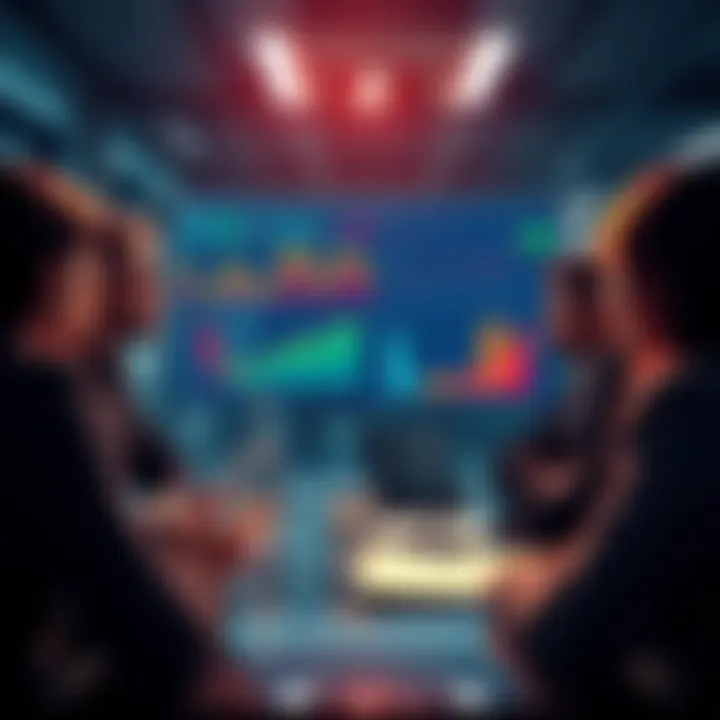 A group of investors discussing strategies and trends in a modern office setting, with charts and graphs displayed on a screen.