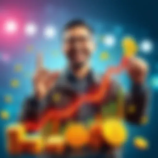 An investor with a big smile, showing a graph indicating financial growth and passive income, surrounded by symbols of cryptocurrency and DeFi.