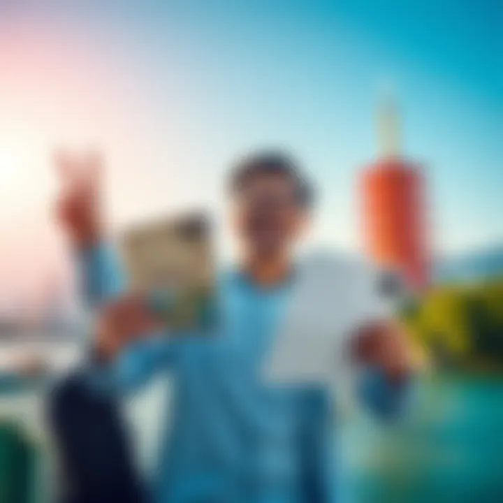 A happy investor planning a surprise trip to Japan, holding a travel guide and showing joy after selling XRP for profits.