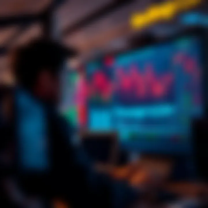 An investor looking at a computer screen displaying declining stock prices, showing signs of stress and concern.