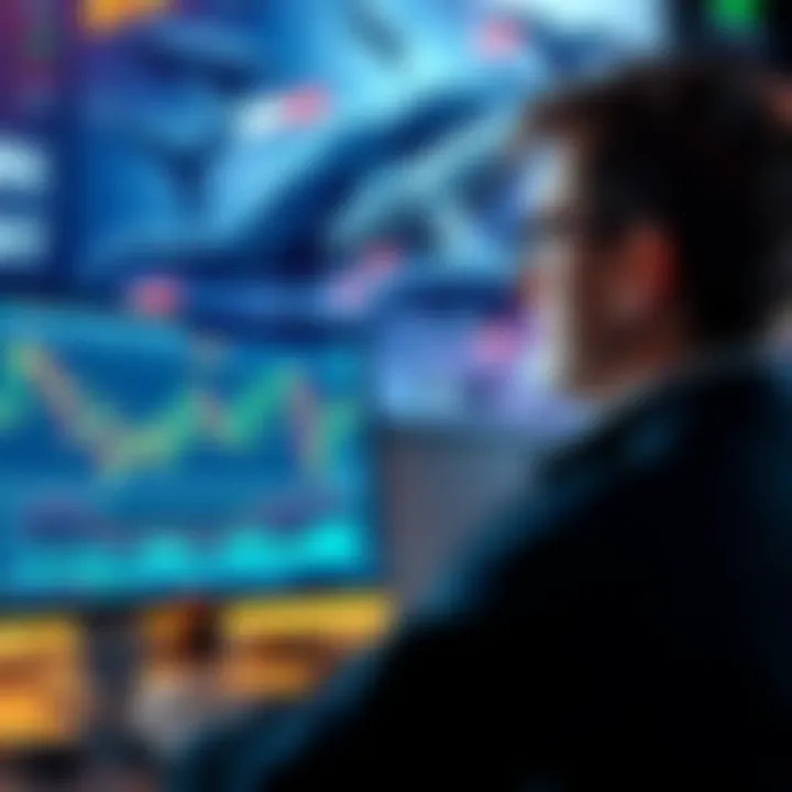 An investor looking at stock market graphs on a computer screen, with images of whales in the background representing market volatility.