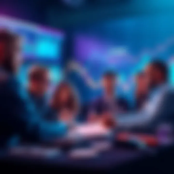 A group of investors discussing the potential of Algorand, with charts and graphs showing upward trends in the background.
