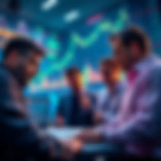 A group of investors looking at charts and data on crypto market trends