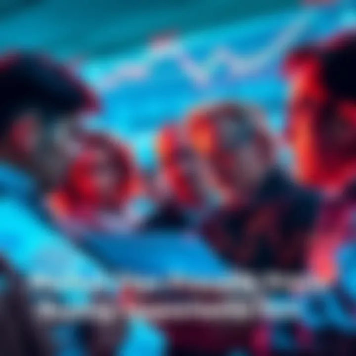 A group of investors studying charts and discussing strategies during market dips