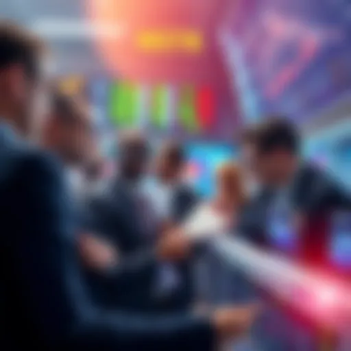 Investors Buying MSTR Shares A group of diverse investors discussing the purchase of MSTR shares at a stock exchange