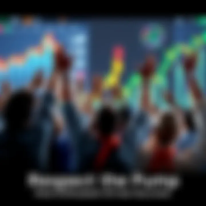 A group of enthusiastic investors cheering with hands raised, celebrating market success and enthusiasm, with rising stock charts in the background.